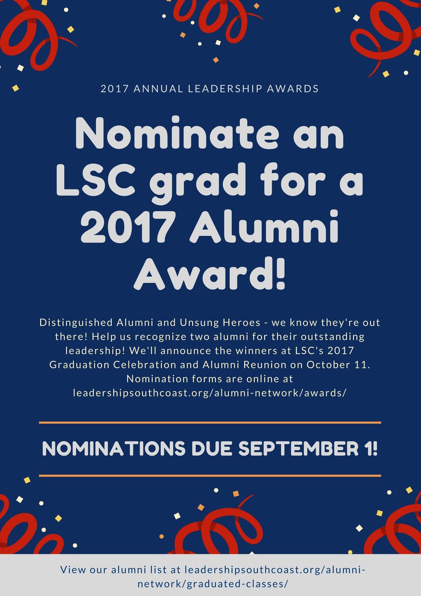 LeadershipSout1's tweet photo. Help us recognize outstanding leadership - nominate an LSC grad for a 2017 Alumni Award! Nominations due Sept. 1. https://t.co/RRmE4Et3XD https://t.co/hctjEQxNZ8
