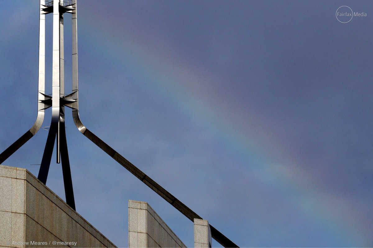 mearesy's tweet image. Just a hint of a rainbow over Parliament House ahead of the Liberal Party meeting on same-sex marriage