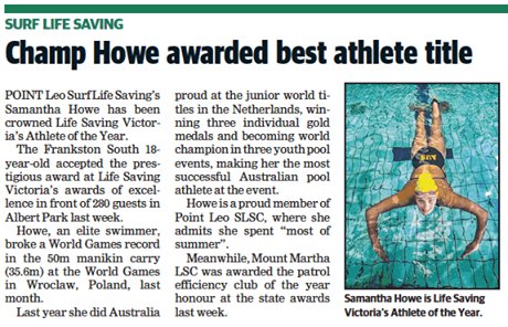 PenGrammar's tweet photo. Samantha Howe (Class of 2016) has been named @LifeSavingVic Victoria's Athlete of the Year. Well done Samantha! #TOPSA #LifeSaving https://t.co/dBEF9ClZyE