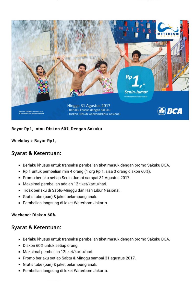 mizz_promo's tweet photo. Promo @waterbomjakarta dengan Kartu #BCA, #Flazz dan #Sakuku hingga 31 Agustus 2017!! ๐ฆ๐
#MizzPromo #Waterbom https://t.co/bOL8QQLrjD