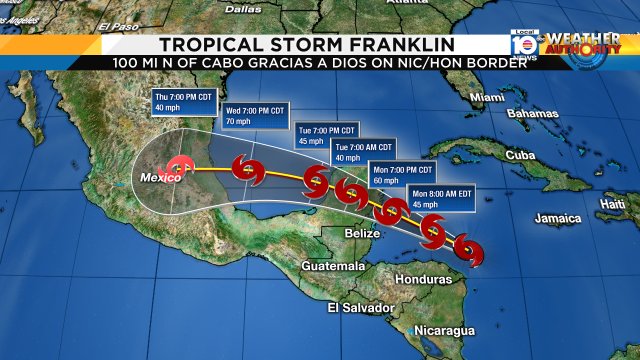 TROPICAL STORM FRANKLIN - Winds have reached a sustained 40 mph as the storm marches toward the Yucatan peninsula https://t.co/CXdG3rhlKx