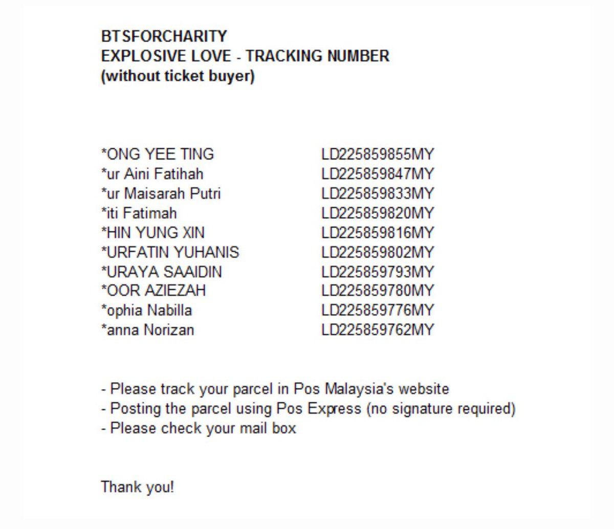 btsforcharity's tweet photo. #EXPLOSIVE_LOVE 

Tracking Number (for without ticket buyer only)

Pls read tq 😊 https://t.co/blb0DsYDiI