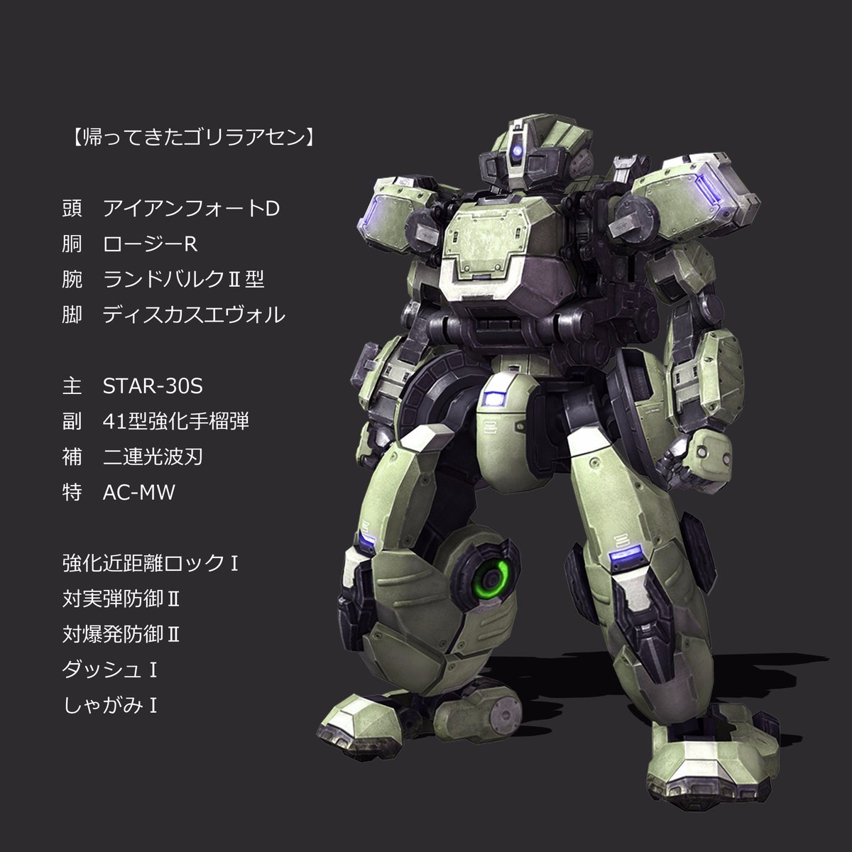 パキータ On Twitter 帰ってきたゴリラアセン Bbx時代の装甲基準に合わせ 腕と脚を鍛えたゴリラアセン 機動力は旧ダッシュb相当 耐久はヤーデやヤマに匹敵 チップ分 撃ち合いには分がある アクションチップも得意 強襲用に煮詰められた鉄の棺桶