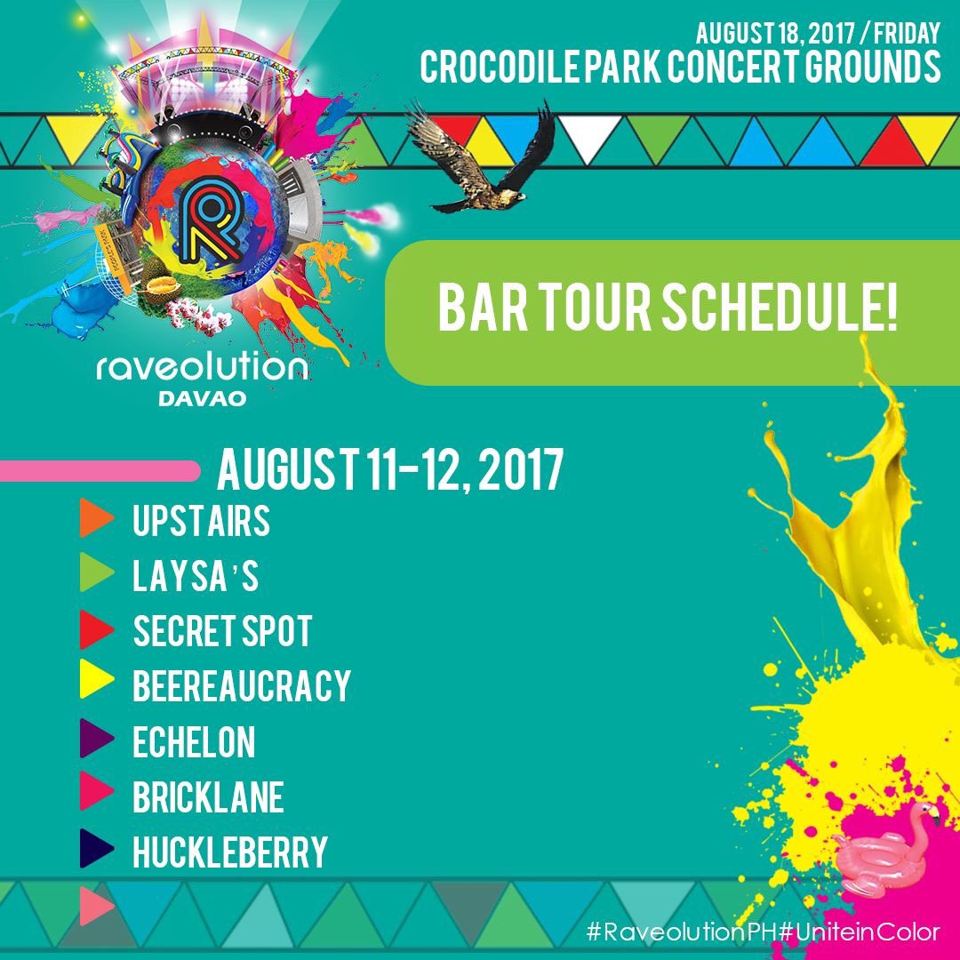 dceliteprod's tweet photo. If you haven't heard yet, we're having the campus and bar tour this week! Check out our stops! 😉🙌🏻

#RaveolutionDavao2017
#RaveolutionPH 🌈 https://t.co/O8NgRrZVQB