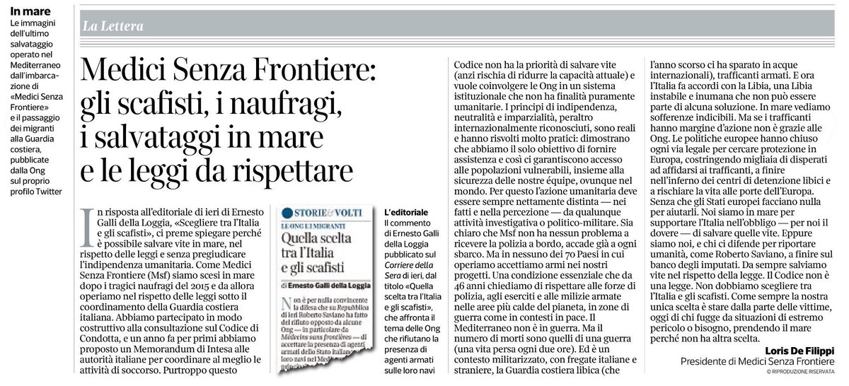MSF_ITALIA's tweet photo. È possibile salvare vite in mare, rispettando le leggi e senza pregiudicare indipendenza. Presidente #msf @LorisDeFilippi su @Corriere https://t.co/mwlcZujsvW
