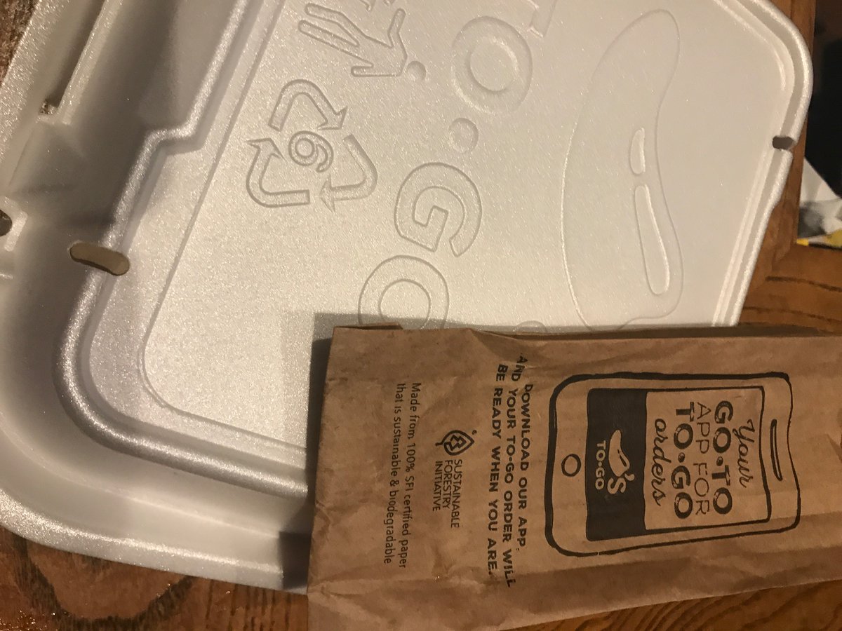 TillLux's tweet photo. @Chilis get it together. #Excessive #useless  #recycled #paper fork bag, but #Styrofoam to go containers?! not #100% #green #rant https://t.co/BYI2kAUGlG