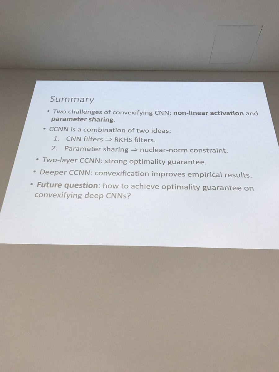 DaniloJRezende's tweet image. Great talk by Yuchen Zhang on convexified convnets #ICML17 #deeplearningtheory