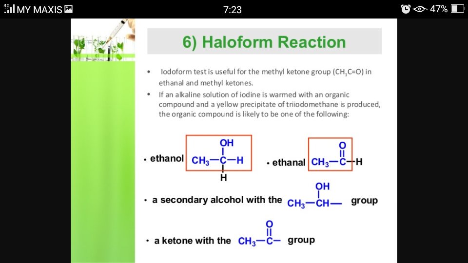 BooSoonYew67's tweet photo. @pianistmarkson Called #Iodoform test for either CH3CO group or CH3CH(OH) .. Positive for either: ethanal, all methyl ketones 1/2 #organic https://t.co/dNSWlDgilv