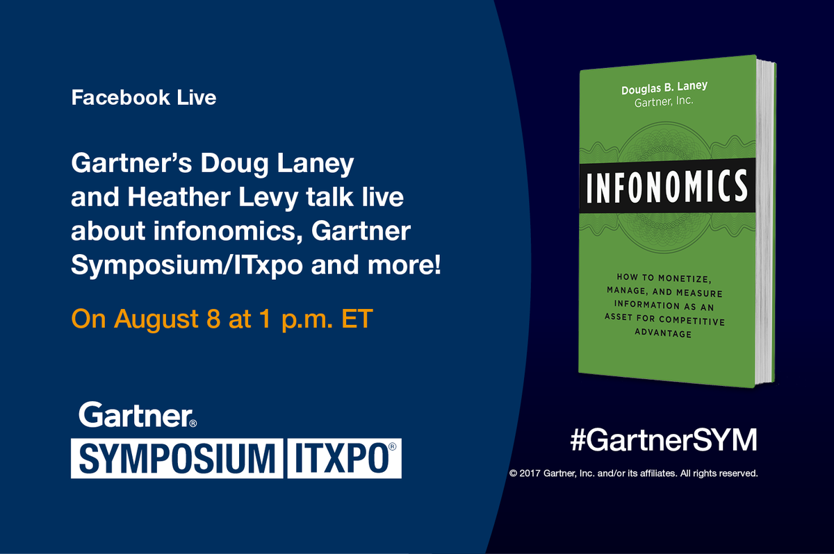 Gartner_inc's tweet photo. 1 pm tomorrow: We're #FacebookLive with @Doug_Laney &amp; @heathrpemberton where they talk “Infonomics” and #GartnerSYM: https://t.co/PdqVfdRi3d https://t.co/lIsipWJ6B4