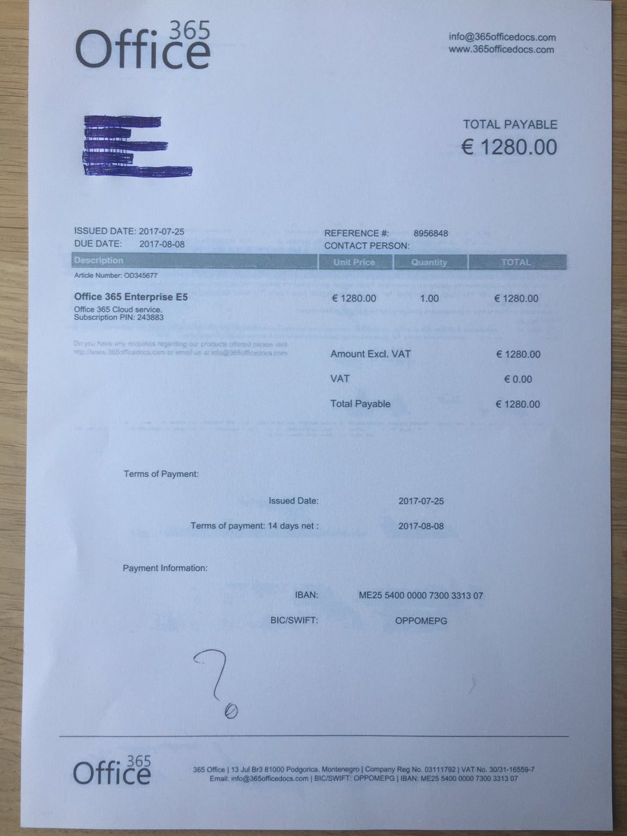Een relatie van ons ontving een spookfactuur inzake Office 365 die ik graag met jullie deel. Een gewaarschuwd bedrijf / persoon telt voor 2.