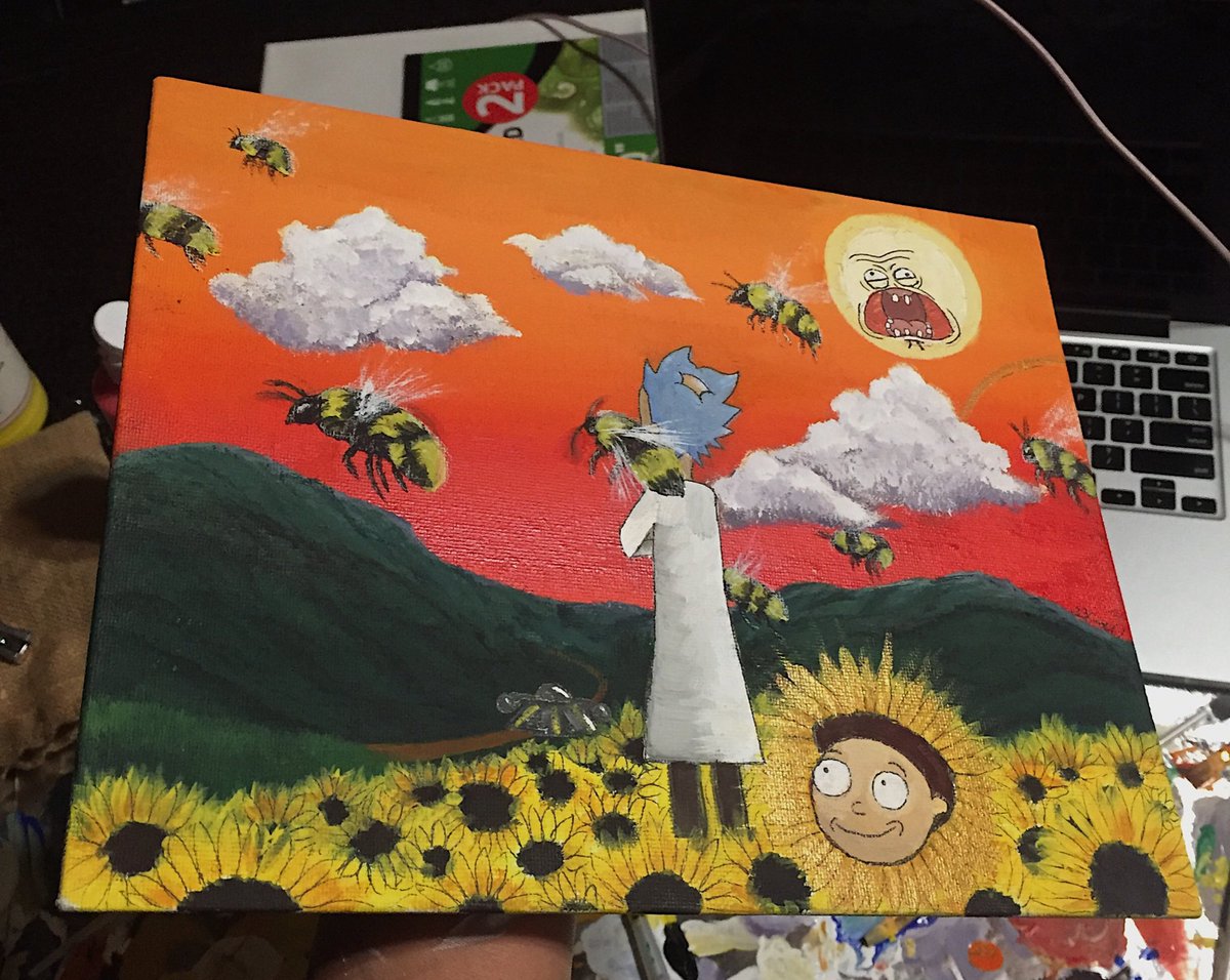 Rick and Morty X Flower Boy 
by me 
8' x 10'
Morty's petals are metallic gold ofcourse🐝✨