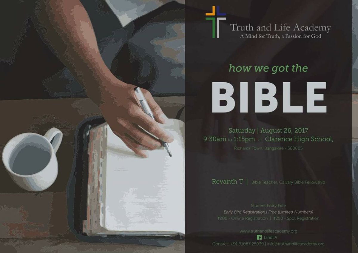 Revanth03's tweet photo. A #seminar for all #Christians in #Bengaluru. Join us on 26 Aug to find out "How we got the #Bible." @AngRev85 https://t.co/Z3NBcmbtNh