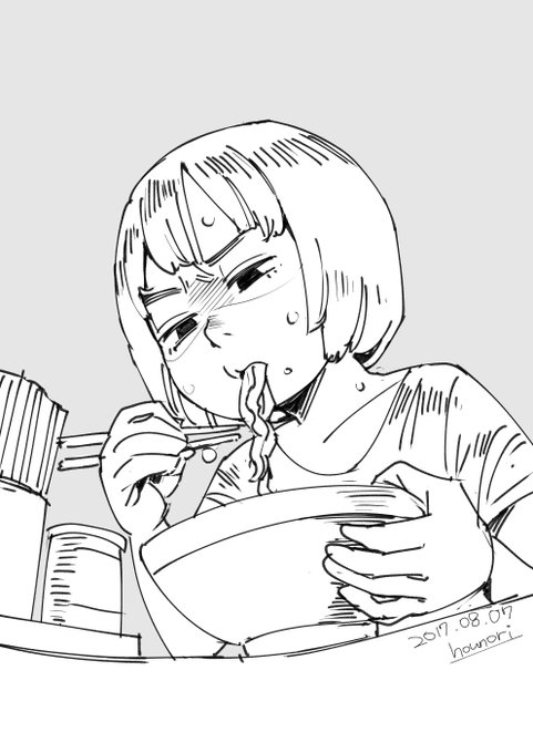 お絵描き:食べる時眉間に皺が寄る女の子 