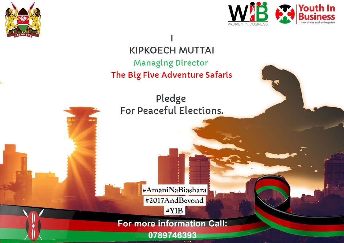 tracque84's tweet photo. I support the #PeaceCampaign #AmaniNaBiashara #2017AndBeyond #YIB. Let's All Pledge for Peaceful Elections #TribeKenya @TheBig5Safaris https://t.co/37XJ3Q3DZj