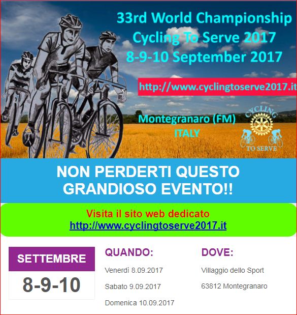 RotaryD2090's tweet photo. 33rd World Championship Fellowship Cycling To Serve organizzato da Rotary Montegranaro 8-9-10 settembre 2017. visita https://t.co/NQXir6VifK https://t.co/TGvvJ3aphJ