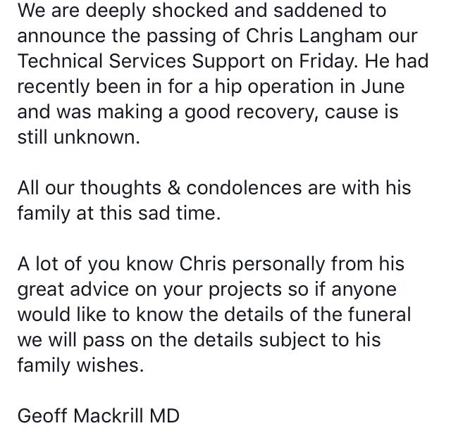 TeamacMarine's tweet photo. We're deeply shocked &amp; saddened to announce the passing of Chris Langham, Technical Service Support on Friday... https://t.co/d9ERc1Ot09