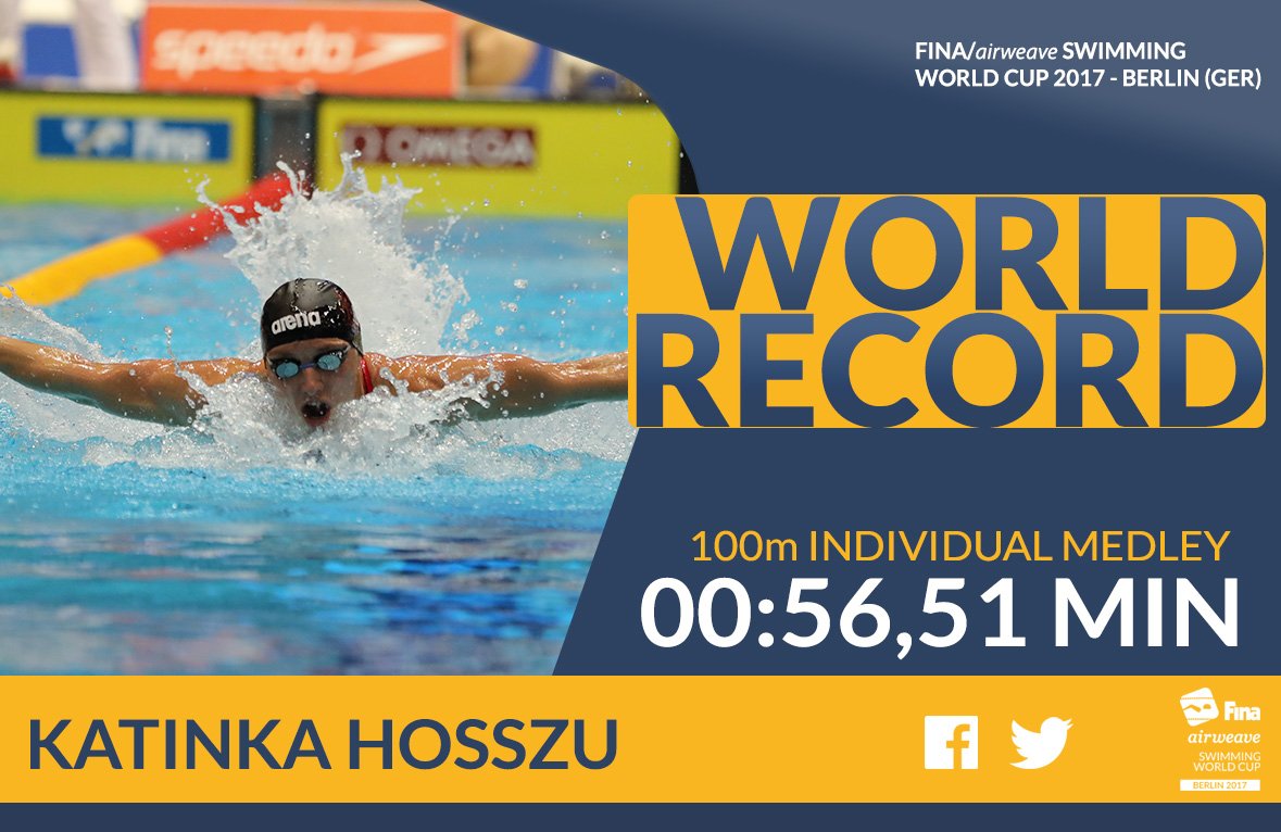 SWCBerlin's tweet photo. Amazing start of the last session of #SWCBerlin: WORLD RECORD in 100m Individual Medley ♀! Congratulations @HosszuKatinka! #SWC17 https://t.co/vW8ii5su1s