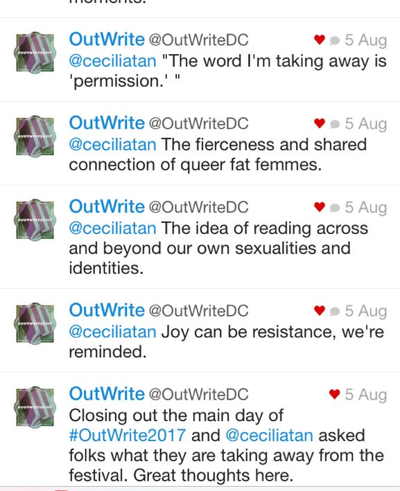 ceciliatan's tweet photo. At yesterday's #outwrite2017 keynote I asked people for their takeaways & @OutWriteDC posted many of them: https://t.co/T5EIN9IjW4