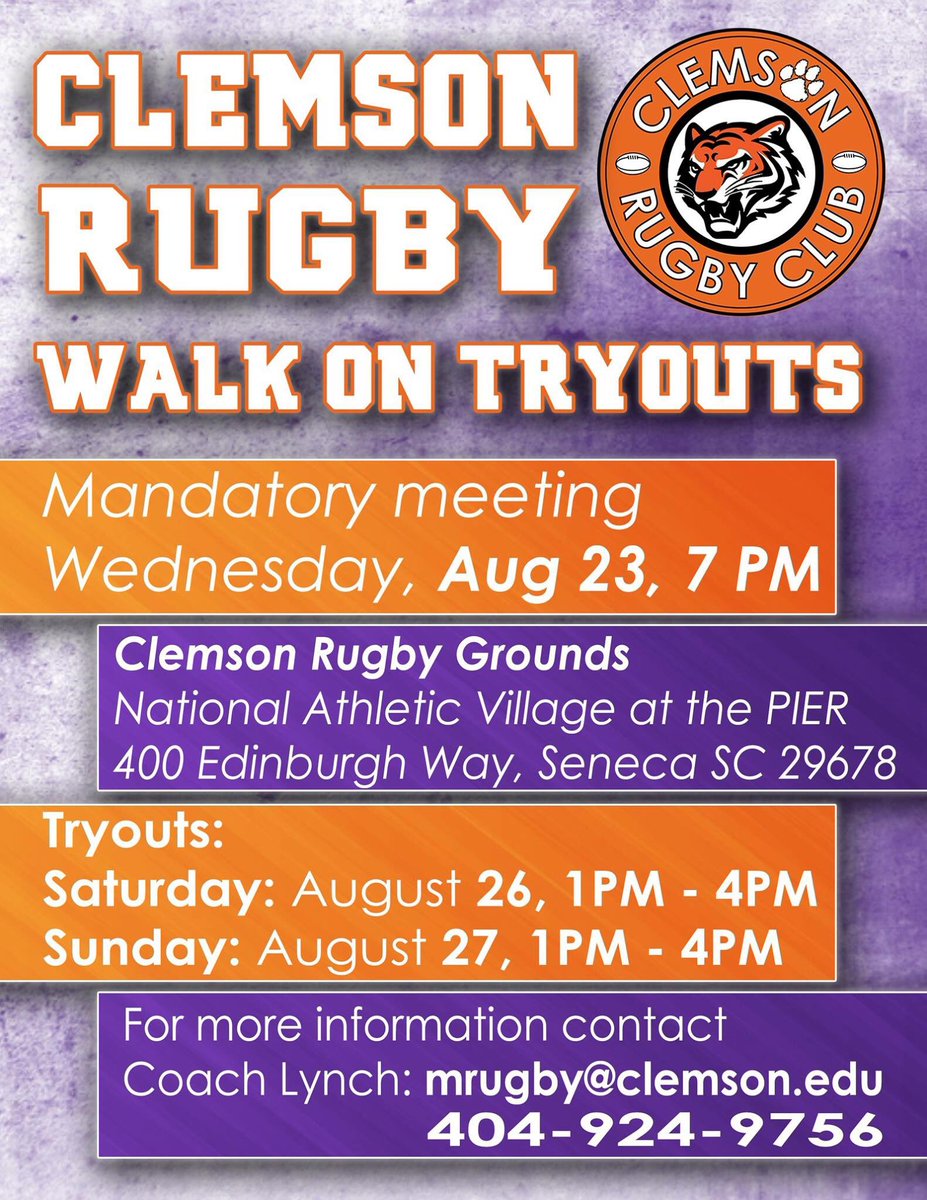 ClemsonRugby's tweet photo. Clemson Rugby walk on try outs! If you or anyone you know is thinking about playing, come to the players meeting on August 23rd! https://t.co/Y9O0I84SFK