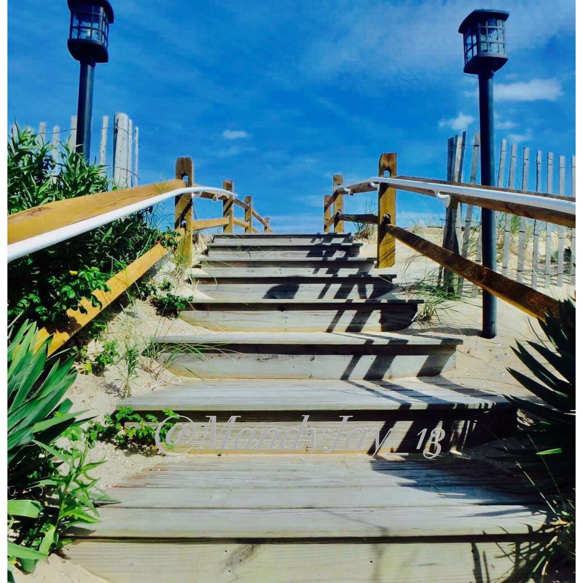 GeraldineWarr3's tweet photo. What a beautiful day it was on Long Beach Island! That sky though 📸@MandyJay_13 #LBI #bluesky #sea #sanddunes #dunefence #steps #air #life https://t.co/vshWSA5leu