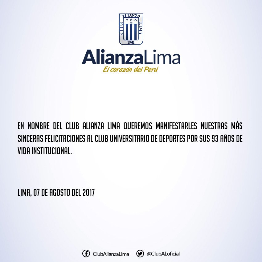 ClubALoficial's tweet image. Comunicado Oficial de nuestra institución saludando al Club @Universitario de Deportes por su aniversario Nº 93.