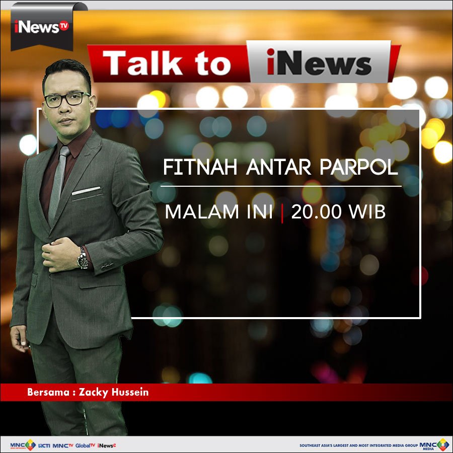 Malam ini di <a href="/TalkToiNews/">Talk to Inews TV</a> "Fitnah Antar Parpol" bersama @zackhussein pukul 20.00 WIB. Sampaikan opini Anda di inewstvmobile.com.