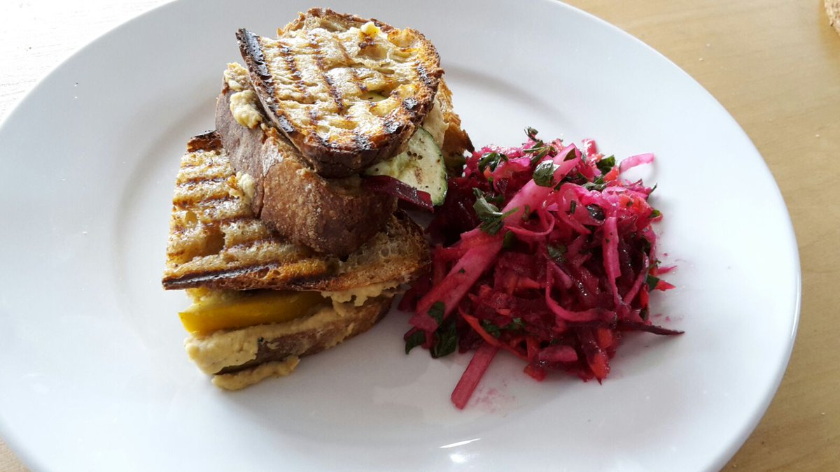 EmbassyCafe's tweet image. On the menu today... Roast Courgette and Hummus Sandwich with a Summer Slaw