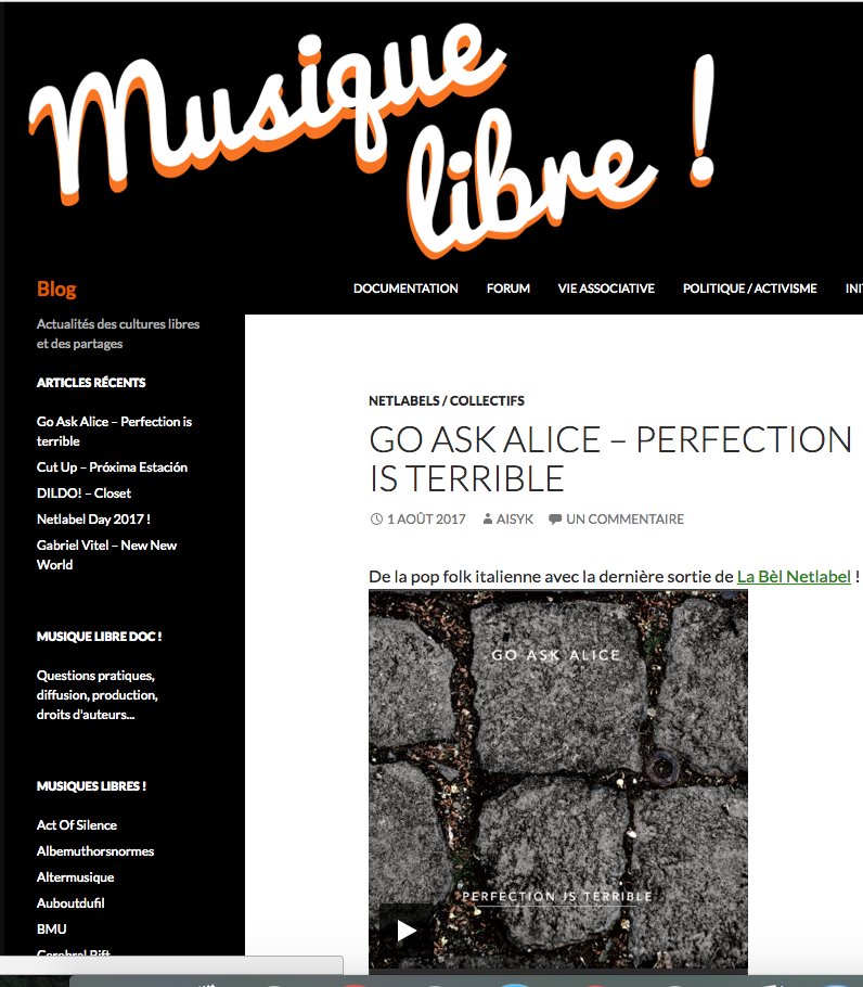 Labelnetlabel's tweet photo. Go Ask Alice "Perfection is terrible" on Musique Libre! @Dogmazic https://t.co/JjJ62TZRSV #Netlabelday2017 #ccmusic #netlabel #italy https://t.co/lOyYDqYLc8