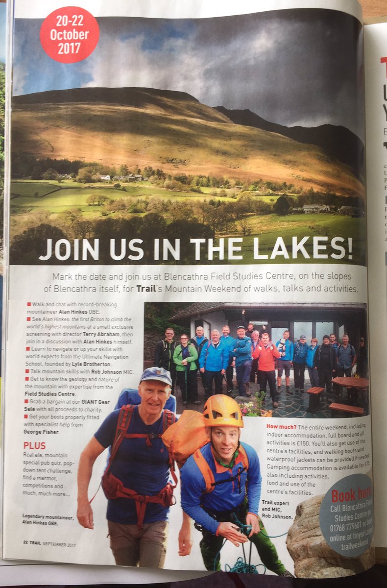 BlencathraTim's tweet photo. Join us for @TrailMagazine weekend with @terrybnd @alanhinkes @RobJohnsonMIC Tel 017687 79601 @FieldStudiesC @georgefisheruk @GingerheadBen https://t.co/DUS36E7y9X