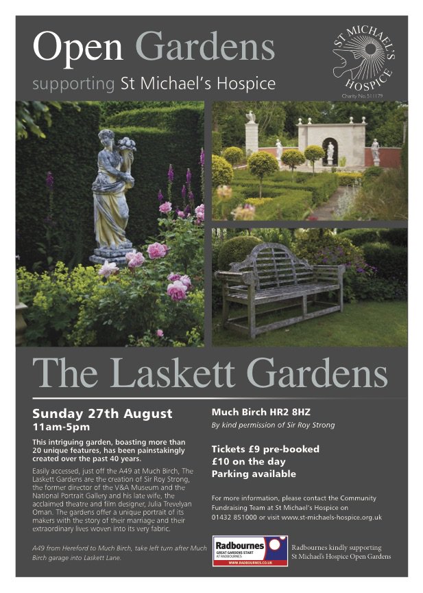 Our next OPEN GARDENS will be Sir Roy Strong's LASKETT GARDENS, Sunday 27th August, 11am-5pm #herefordhour Info: st-michaels-hospice.org.uk/event/the-lask…