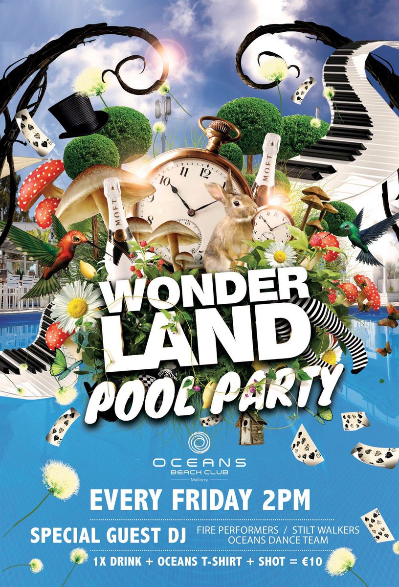OceansBeachClub's tweet photo. Wonderland returns this Friday. Magaluf's weirdest pool party. Get a drink plus a t shirt plus a shot for only 10€ #magaluf #poolparty https://t.co/tlPhv54LbX