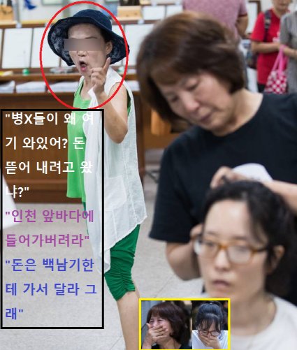 삼성 직업병 피해자 한혜경 씨는 이재용 결심공판 법정 앞에서 박근혜 지지자에게
 "병 X들이 왜 여기 와있어? "인천 앞바다에 들어가 버려라" 
욕설과 폭언을 당하자 한씨와 어머니는 통곡의 눈물을 흘려야 했다.