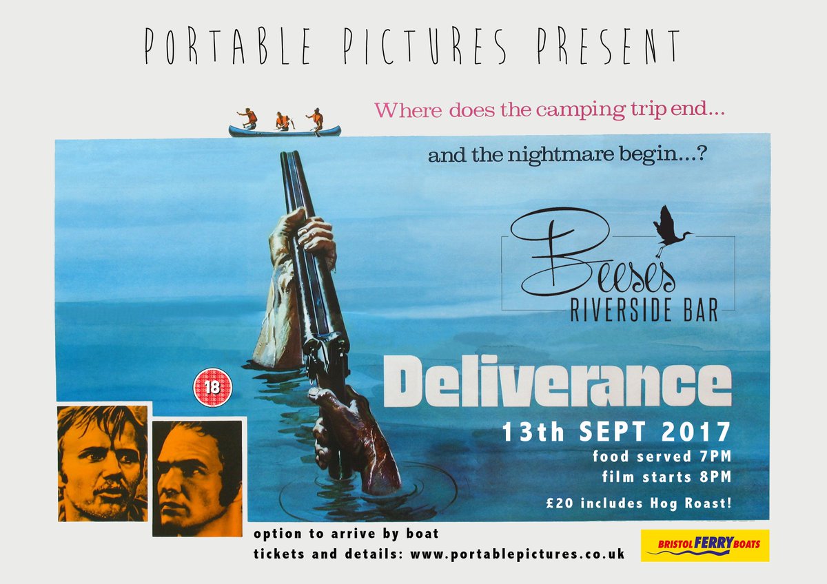 portablepicture's tweet photo. Paddle faster, I hear banjos! Tickets available for outdoor Deliverance screening Sep 13th @Beeses Hog Roast &amp; option to arrive by boat! https://t.co/TfpVxmfyAp