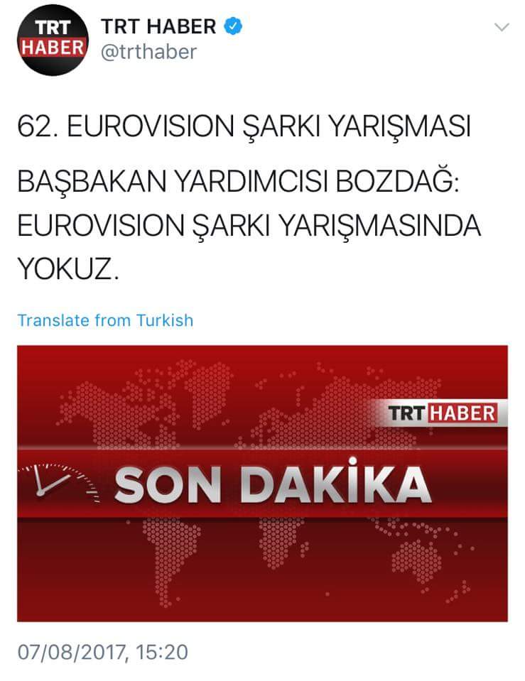 Turkey: Tweet from TRT Haber about participation in Eurovision 2018 Turkey: Tweet from TRT Haber about participation in Eurovision 2018