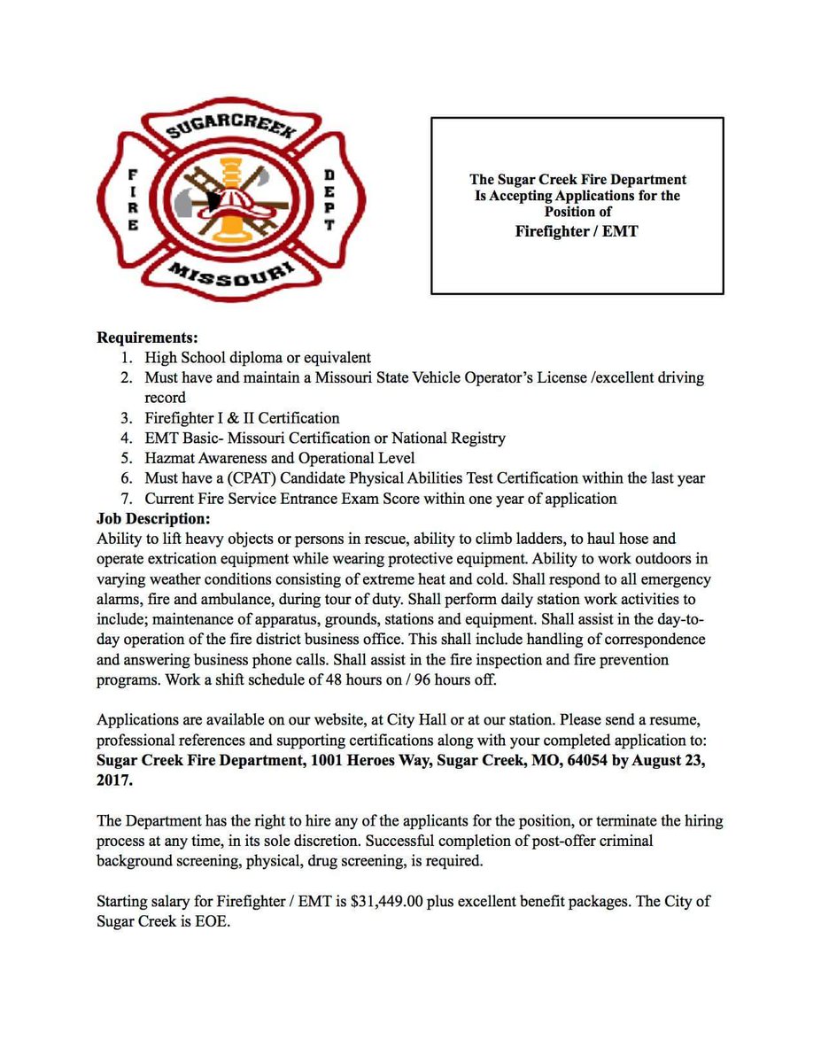 SugarCreekFD's tweet photo. Just a reminder: ALL applications with required certifications are due by August 23rd. Testing and interviews will begin shortly after close https://t.co/vkAZtrL2Bh