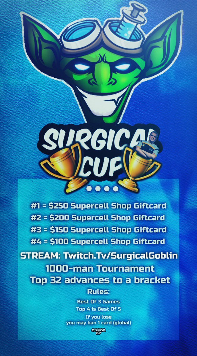 ClashRoyale's tweet photo. Interested in some Clash Royale competition? Check out @surgicalgoblin’s 1,000 player tournament! Starts this Wednesday (9th) 19:00 CEST! https://t.co/zb6YjbuzHK