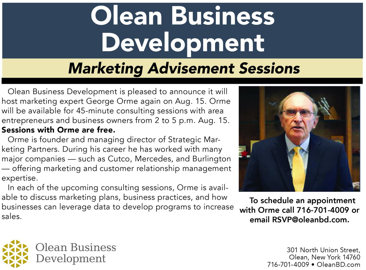 OleanBD's tweet photo. #Marketing expert George Orme is available for free consults, 2-5 p.m., Aug. 15. Email rsvp@oleanbd.com to schedule a time. https://t.co/kVwp98CFMO