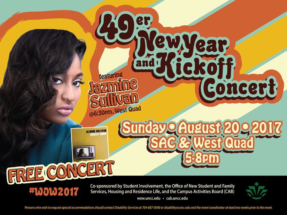 cabunccharlotte's tweet photo. It's UNC Charlotte's 49 New year and CAB is hosting a free concert with performances by Jazmine Sullivan. You don't want to miss it! https://t.co/HKhdknRXzK