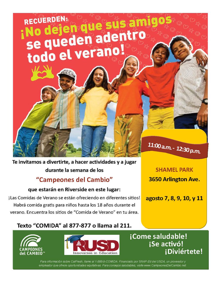 Join Us at Shamel Park for Food &amp; Activities!! August 7-11 from 11AM-12:30PM!