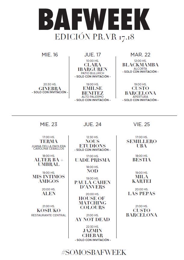 loqueva's tweet photo. La grilla de BAFWEEK primavera verano 2017/18 https://t.co/QgkjzY61n6 #Somosbafweek #loqueva https://t.co/WczK8dneU3
