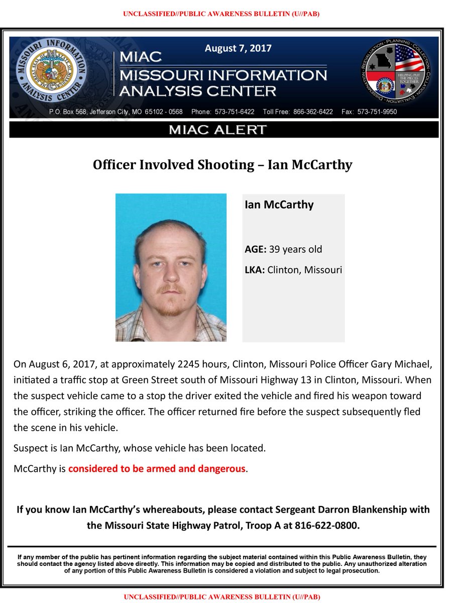 McCarthy is considered to be armed and dangerous.