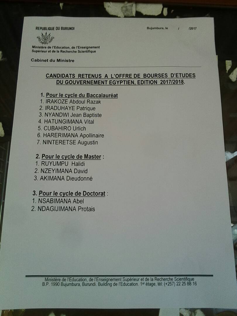 N_Ikindi's tweet photo. #Burundi - #Égypte, dans le but de renforcer la coopération bilatérale,voici la liste des candidats boursiers pour le master et le doctorat https://t.co/BVcGszJzHa