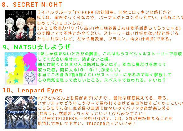 #アイナナはいいぞ 
アイドリッシュセブンの楽曲が素晴らしいので皆さんに知ってもらいたいと思い、とりあえず1部のプレゼン資料を作りましたのでお納めください(個人的な感想アリ)