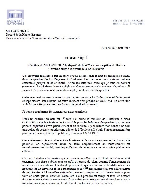 MickaelNogal's tweet photo. 🔴 Ma réaction suite à la fusillade à La Reynerie. Nécessité de mettre en place une nouvelle police de sécurité quotidienne à #Toulouse https://t.co/9x4QdWYqqR