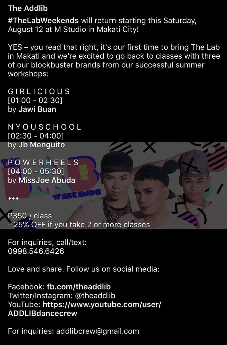 nhieljohnfp's tweet photo. Yes! #TheLabWeekends is back like for real. πβ¨β€οΈ Don't just dance be educated as well. π
@theADDLIB
#Girlicious
#Nyouschool
#Powerheels https://t.co/lE549QZWIi