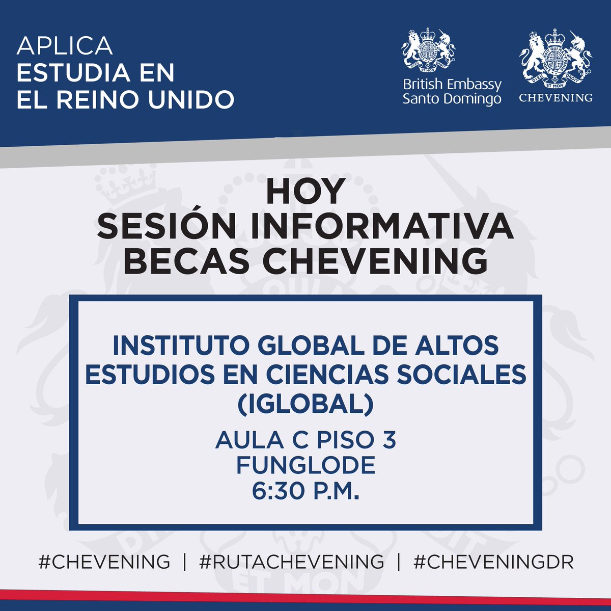ukindomrep's tweet photo. Hoy la #RutaChevening llega a @InstitutoGlobal. También #hoy abren las aplicaciones para #Chevening. ¡Tú puedes ser el próximo #CheveningDR! https://t.co/4ECGeZBmQa