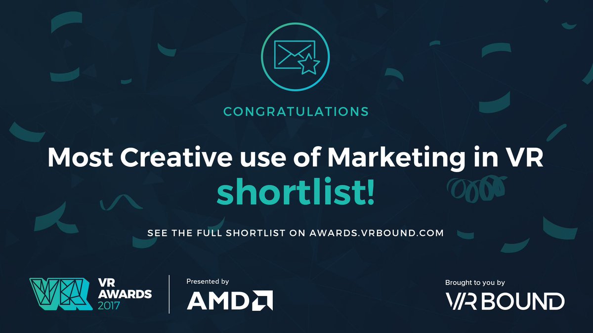 VRAwards's tweet photo. Congratulations to all the shortlisted nominees for Most Creative use of Marketing in VR #VRAwards 2017 with @AMD https://t.co/Xwuavss7cY https://t.co/0mTUA65pcS