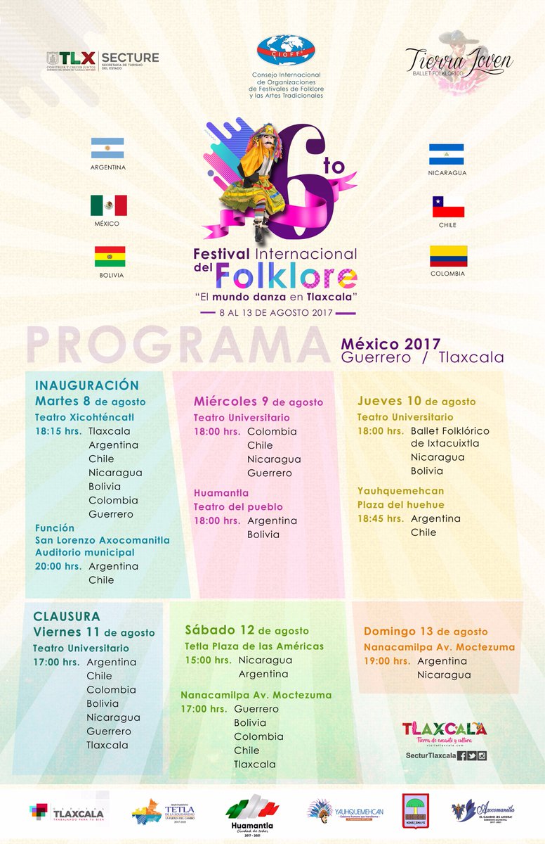 SECTURTlaxcala's tweet photo. 6to. Festival Internacional del Folklore
🕺🏼 "El Mundo Danza en #Tlaxcala" 💃🏼
del 8 al 13 de agosto https://t.co/pnHcMHfZdD