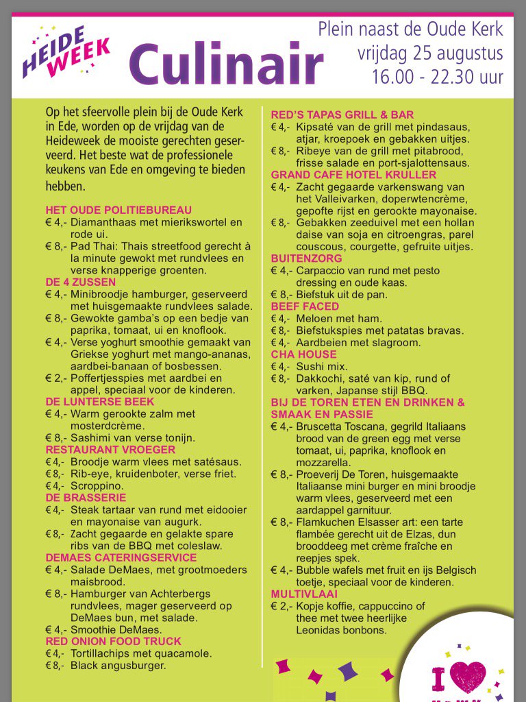 Bergojanski's tweet image. Culinair genieten tijdens de #Heideweek ? Dat kan op vrijdag 25-8 op het Oude Kerkplein in #Ede