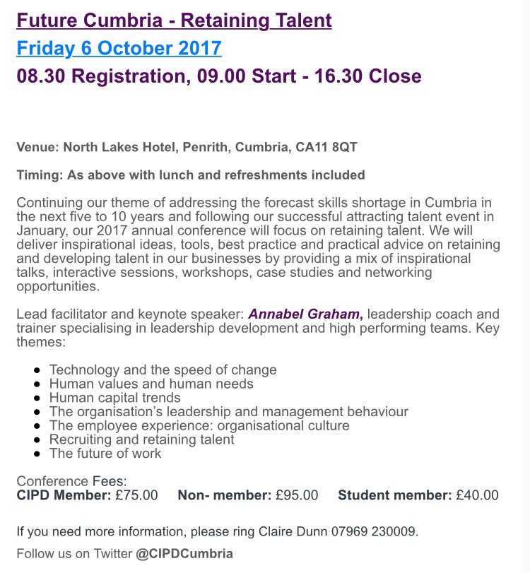 CIPDCumbria's tweet photo. Have you booked your place for our annual conference? #FutureCumbria #retainingtalent #cipdevents https://t.co/miP4Rl9P2u